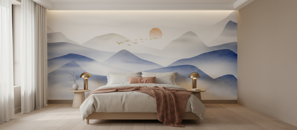 Papier peint paysage montagneux brumeux coucher de soleil oiseaux migrateurs - Chambre adulte