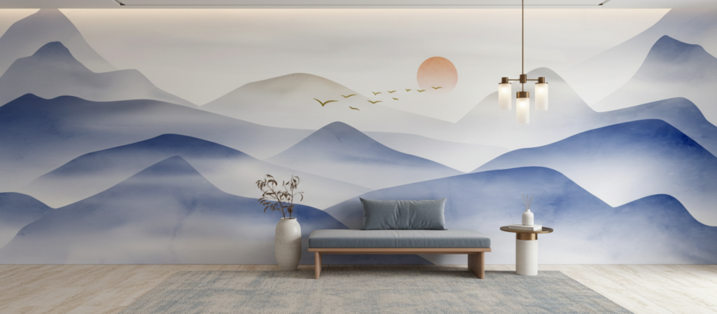 Papier peint paysage montagneux brumeux coucher de soleil oiseaux migrateurs - Entrée