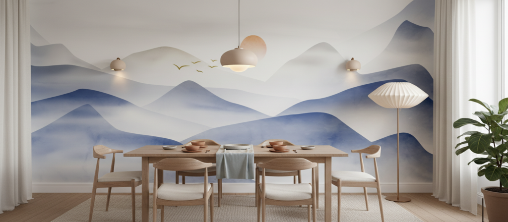 Papier peint paysage montagneux brumeux coucher de soleil oiseaux migrateurs - Salle à manger