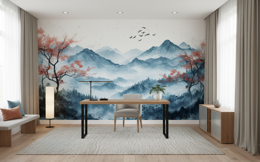 Papier Peint Paysage Montagneux Brumeux Style Aquarelle Asiatique - Bureau