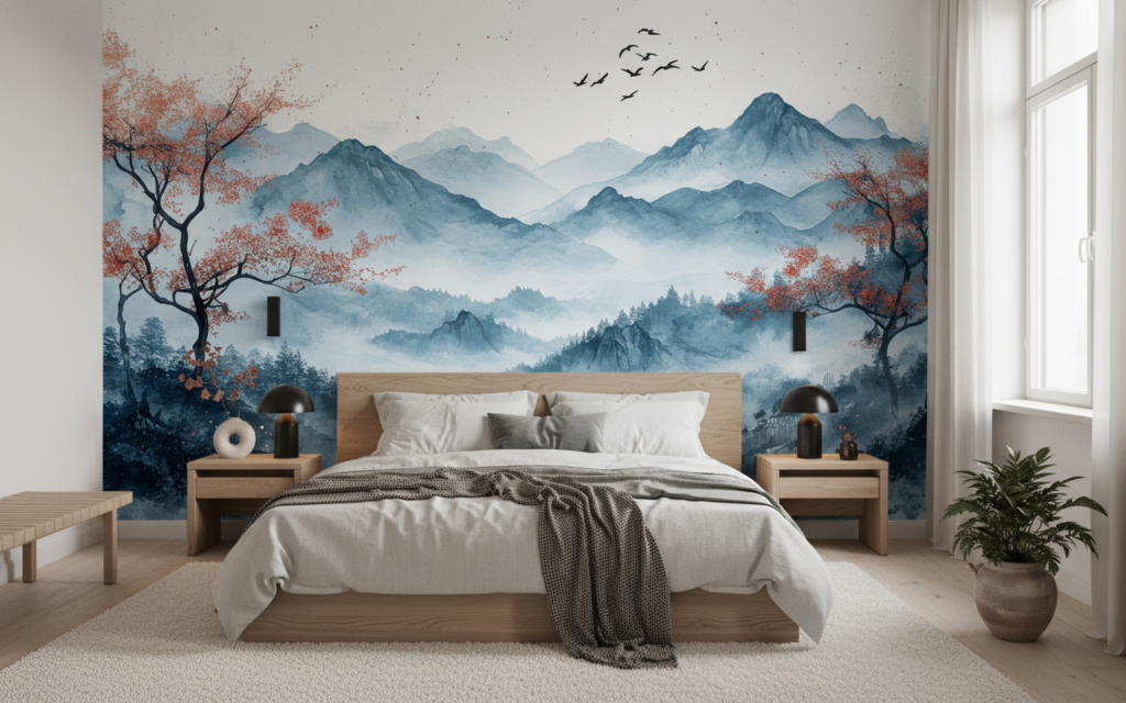 Papier Peint Paysage Montagneux Brumeux Style Aquarelle Asiatique - Chambre adulte