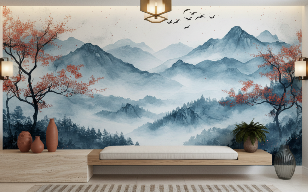 Papier Peint Paysage Montagneux Brumeux Style Aquarelle Asiatique - Entrée