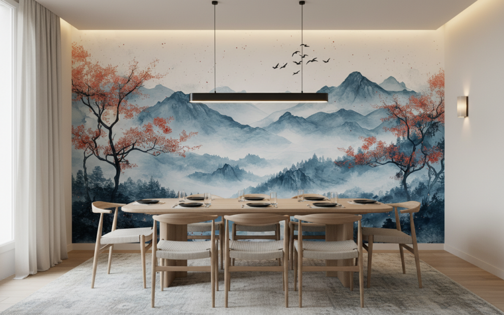 Papier Peint Paysage Montagneux Brumeux Style Aquarelle Asiatique - Salle à manger