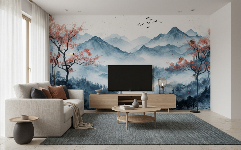 Papier Peint Paysage Montagneux Brumeux Style Aquarelle Asiatique - Salon / Séjour