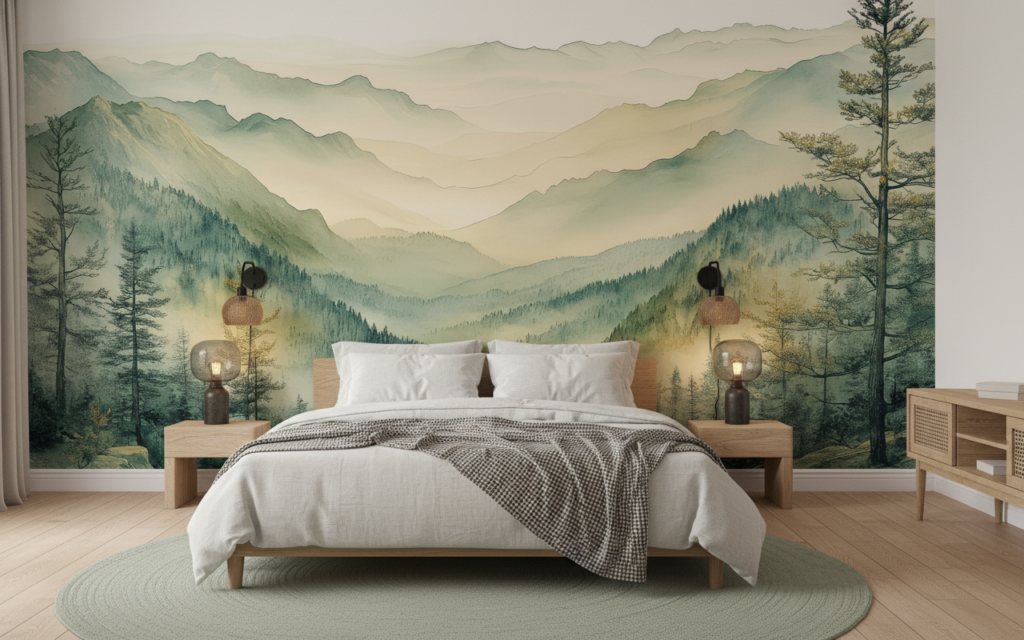 Papier Peint Paysage Montagneux Brumeux Style Aquarelle Zen - Chambre adulte