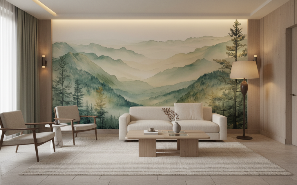 Papier Peint Paysage Montagneux Brumeux Style Aquarelle Zen - Hôtel