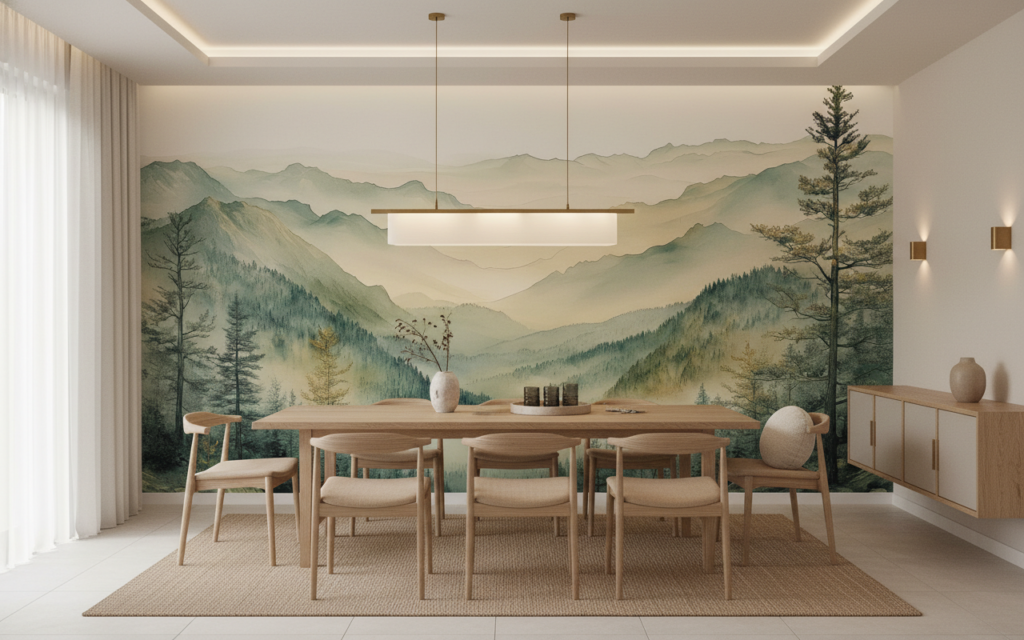 Papier Peint Paysage Montagneux Brumeux Style Aquarelle Zen - Salle à manger