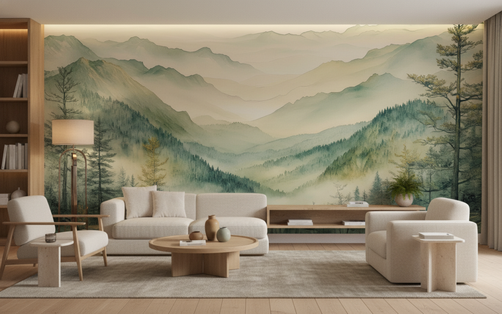Papier Peint Paysage Montagneux Brumeux Style Aquarelle Zen - Salon / Séjour