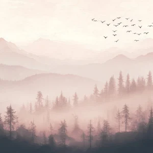 Papier Peint Paysage Montagneux Brumeux Tons Roses Nordique