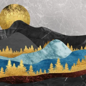 Papier Peint Paysage Montagneux Doré Bleu Style Japonais Moderne