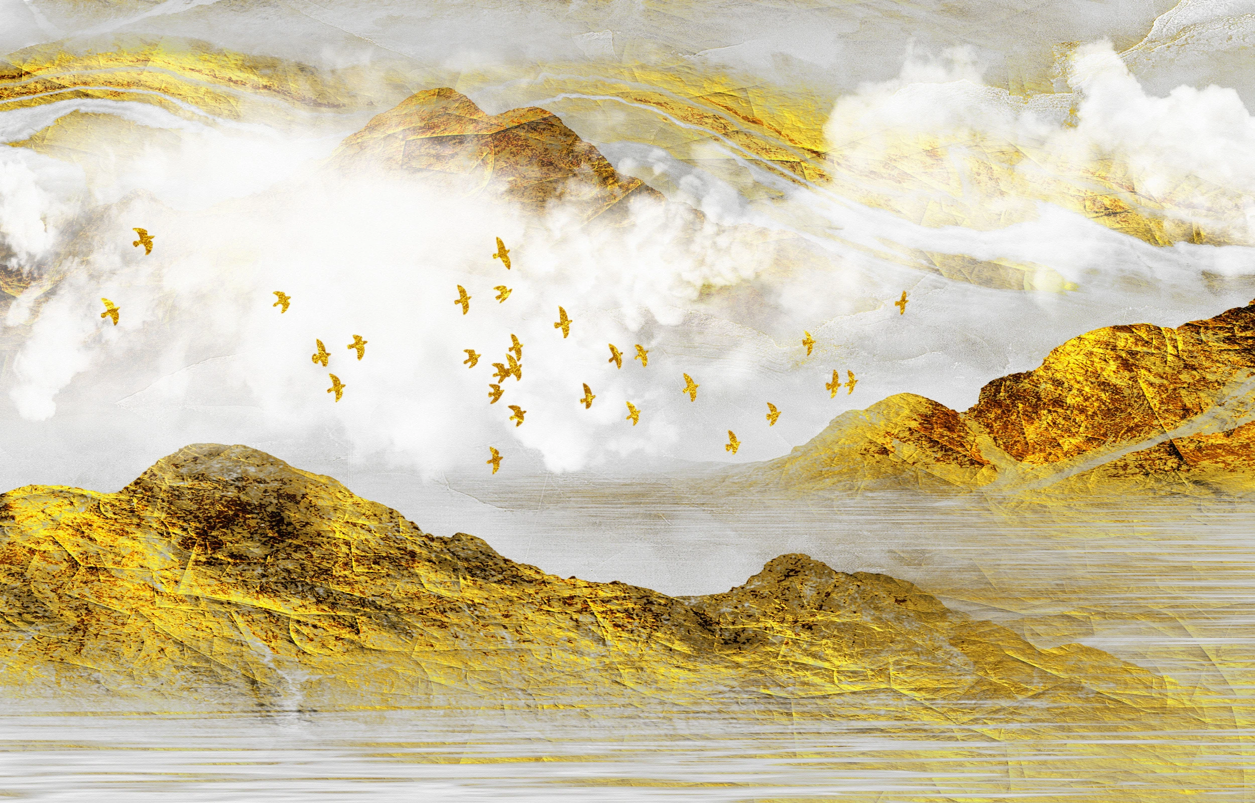 Paysage montagneux doré avec oiseaux en vol et brume