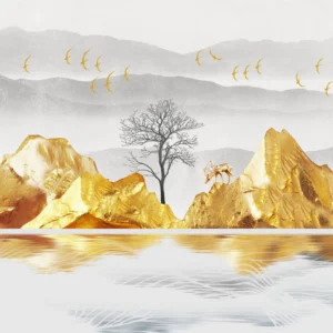 Paysage Montagneux Doré avec Lac et Oiseaux en Vol