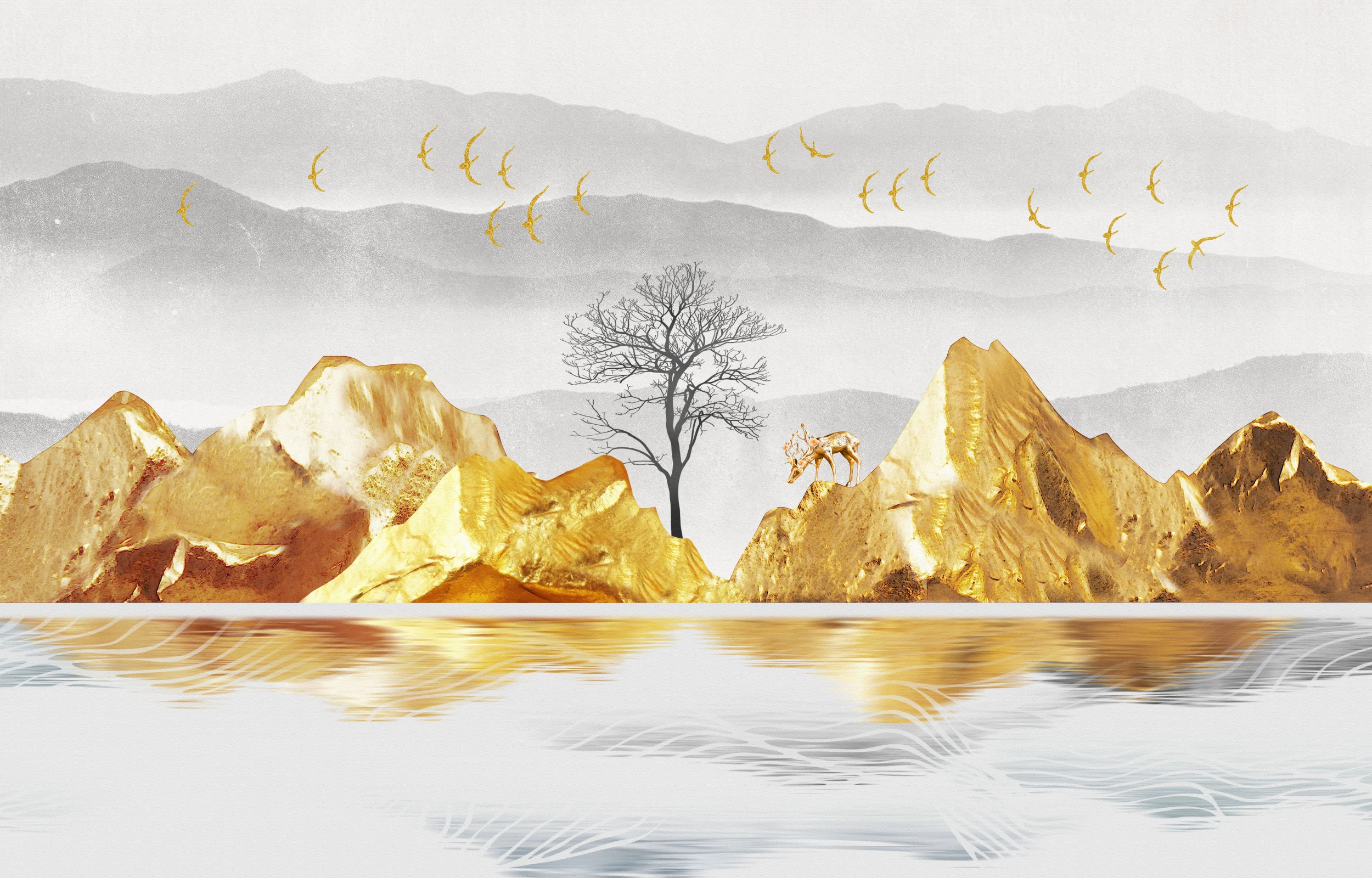 Paysage Montagneux Doré avec Lac et Oiseaux en Vol