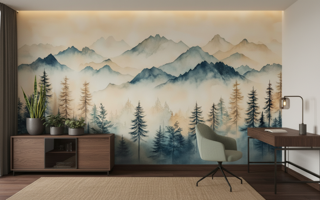 Papier Peint Paysage Montagneux Forêt Brumeux Style Aquarelle Zen - Bureau