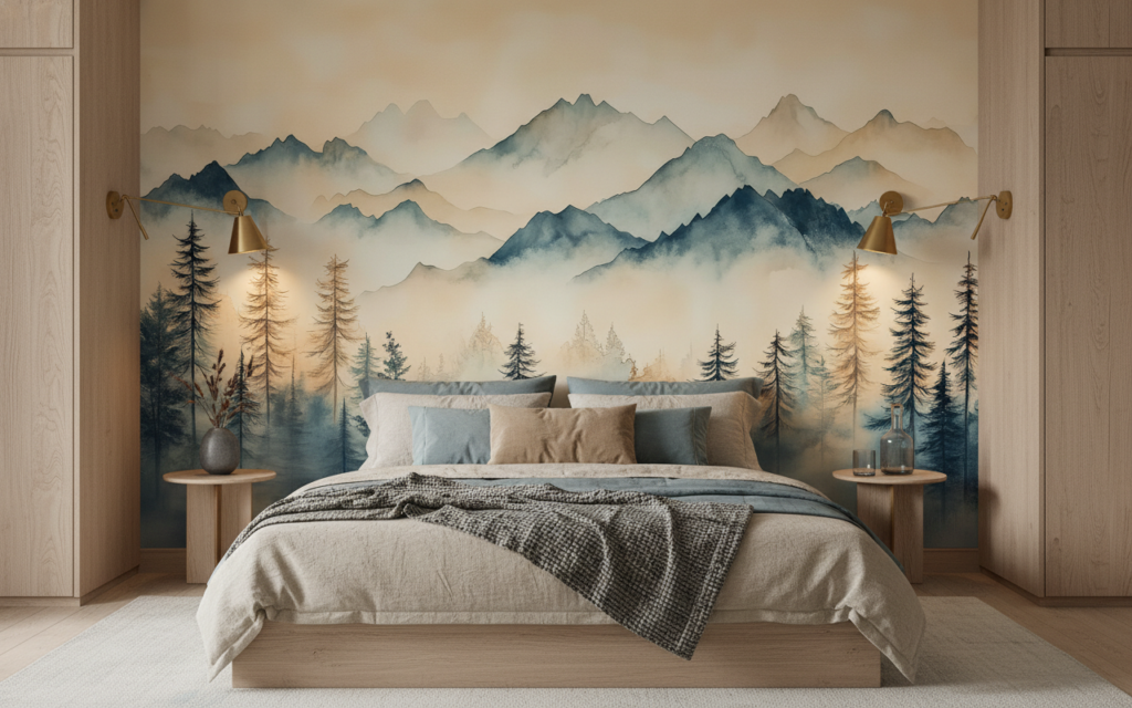 Papier Peint Paysage Montagneux Forêt Brumeux Style Aquarelle Zen - Chambre adulte