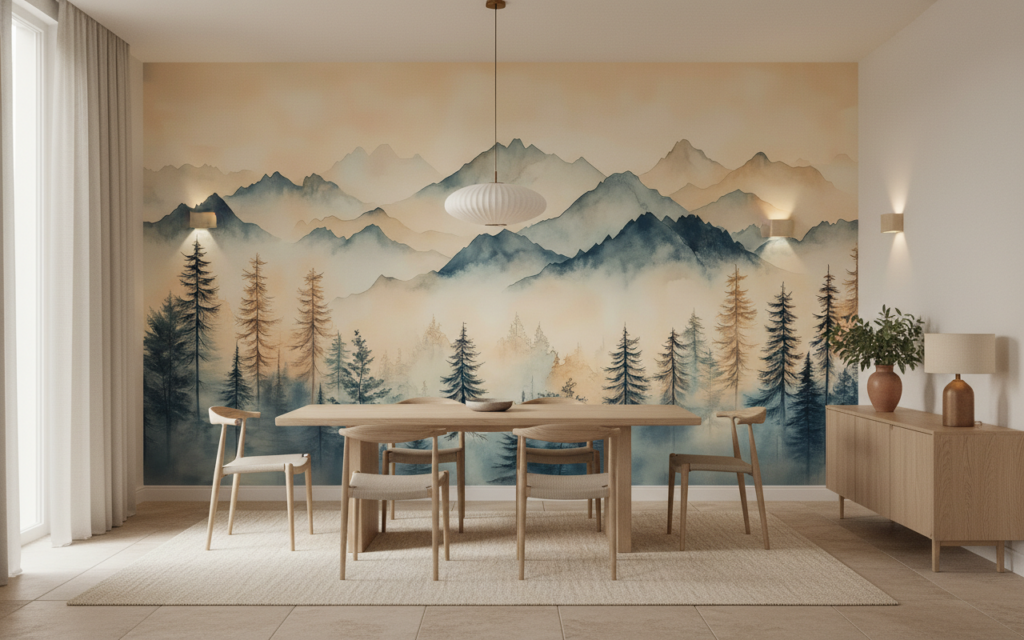 Papier Peint Paysage Montagneux Forêt Brumeux Style Aquarelle Zen - Salle à manger