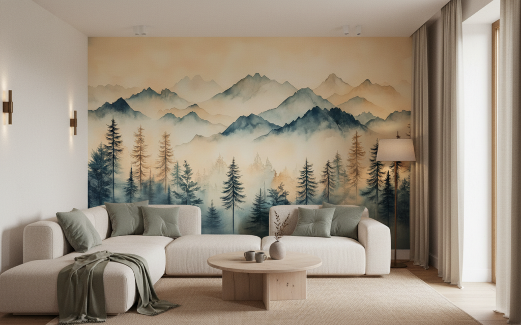 Papier Peint Paysage Montagneux Forêt Brumeux Style Aquarelle Zen - Salon / Séjour