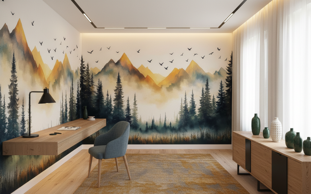 Papier Peint Paysage Montagneux Forêt de Conifères au Coucher de Soleil - Bureau