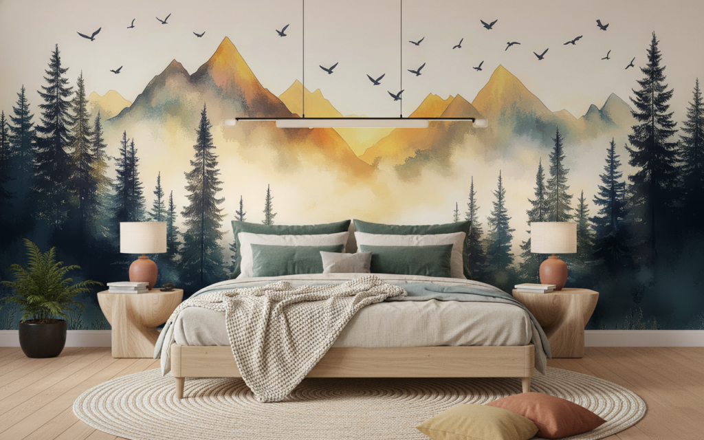 Papier Peint Paysage Montagneux Forêt de Conifères au Coucher de Soleil - Chambre adulte