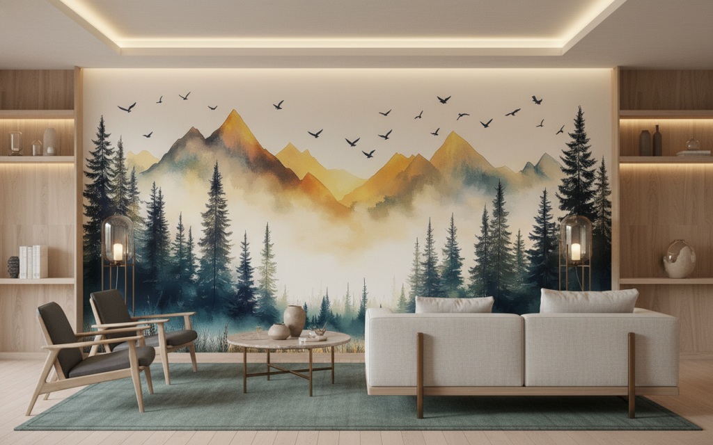 Papier Peint Paysage Montagneux Forêt de Conifères au Coucher de Soleil - Hôtel