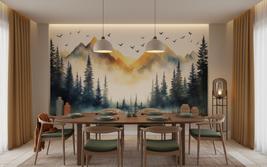 Papier Peint Paysage Montagneux Forêt de Conifères au Coucher de Soleil - Salle à manger