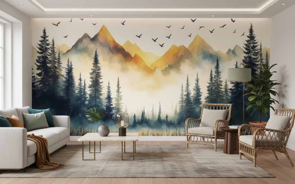 Papier Peint Paysage Montagneux Forêt de Conifères au Coucher de Soleil - Salon / Séjour