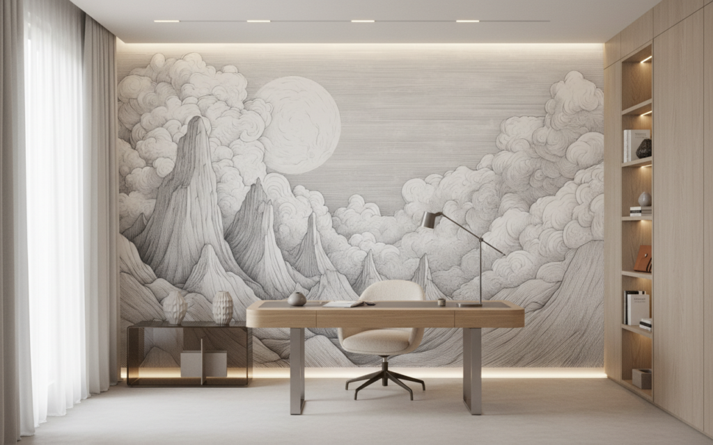 Papier Peint Paysage Montagneux Nuages Lune Style Gravure Vintage - Bureau