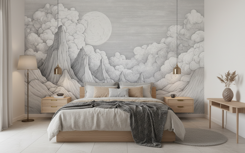 Papier Peint Paysage Montagneux Nuages Lune Style Gravure Vintage - Chambre adulte