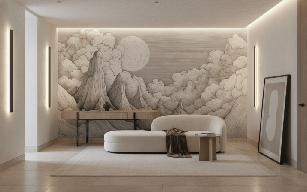 Papier Peint Paysage Montagneux Nuages Lune Style Gravure Vintage - Hôtel