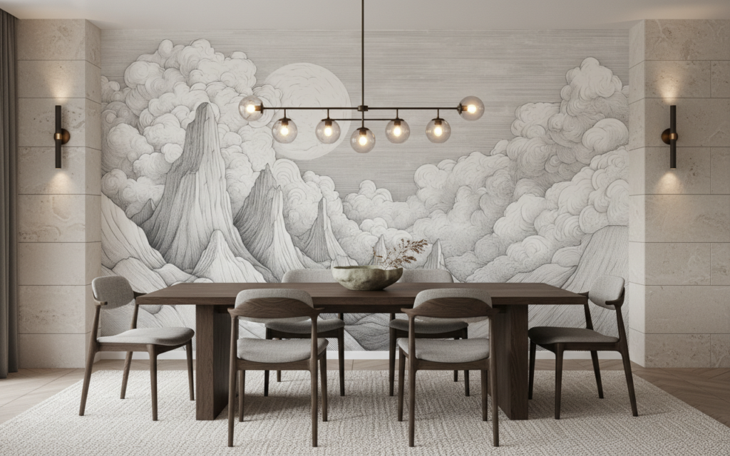 Papier Peint Paysage Montagneux Nuages Lune Style Gravure Vintage - Salle à manger