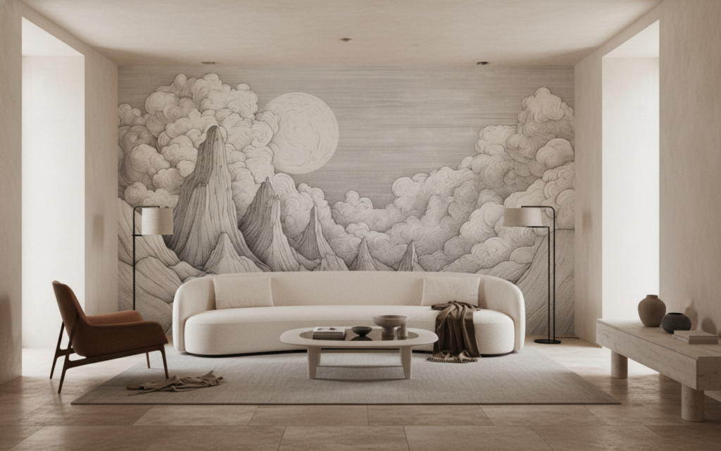 Papier Peint Paysage Montagneux Nuages Lune Style Gravure Vintage - Salon / Séjour