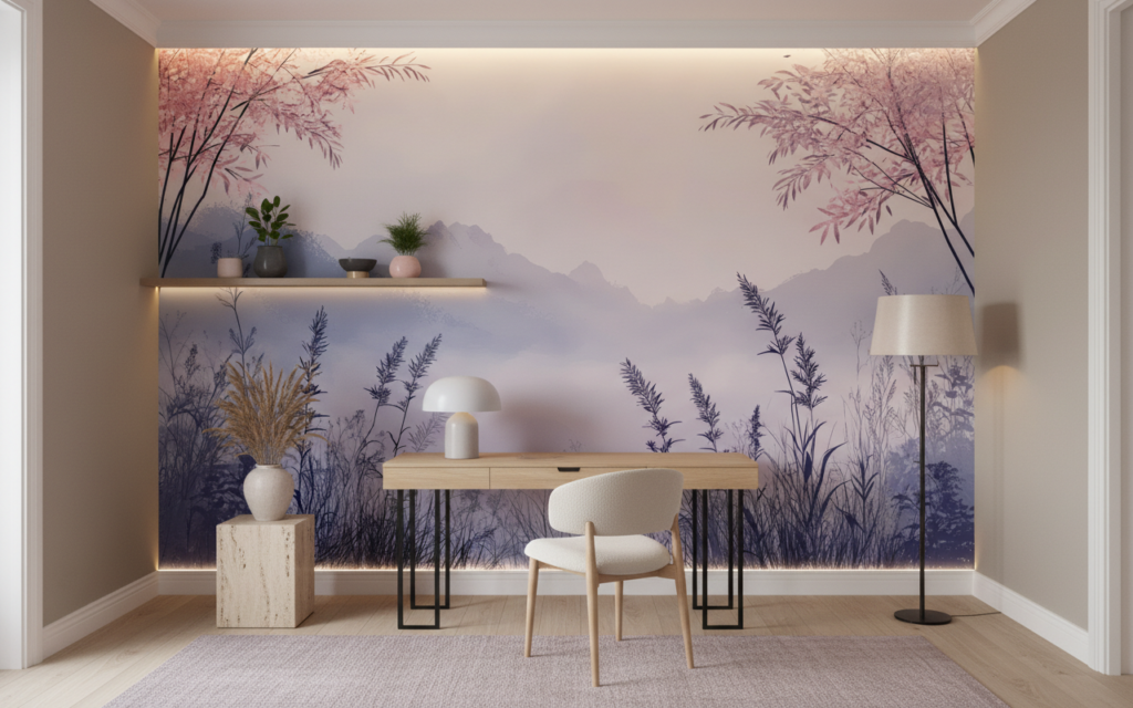 Papier Peint Paysage Montagneux Rose et Bleu Bambous Asiatiques - Bureau