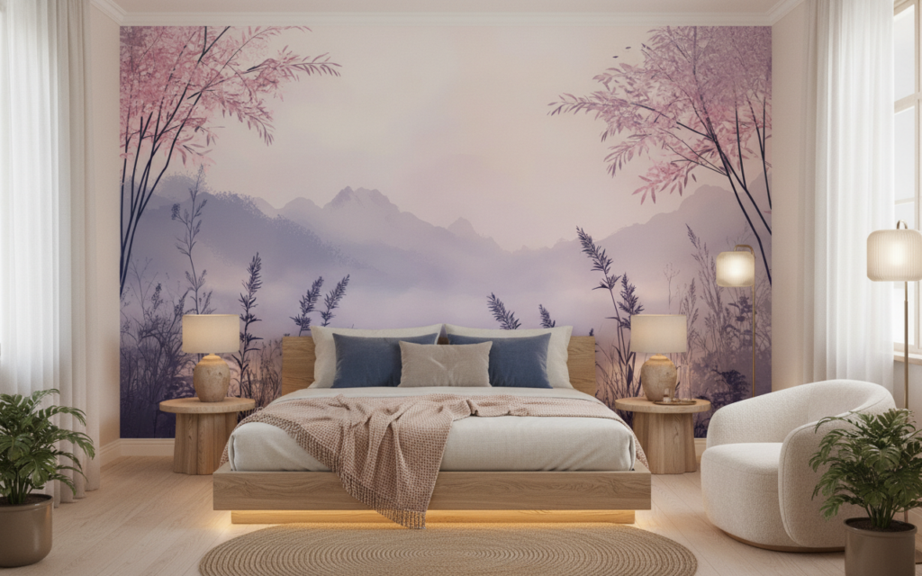 Papier Peint Paysage Montagneux Rose et Bleu Bambous Asiatiques - Chambre adulte