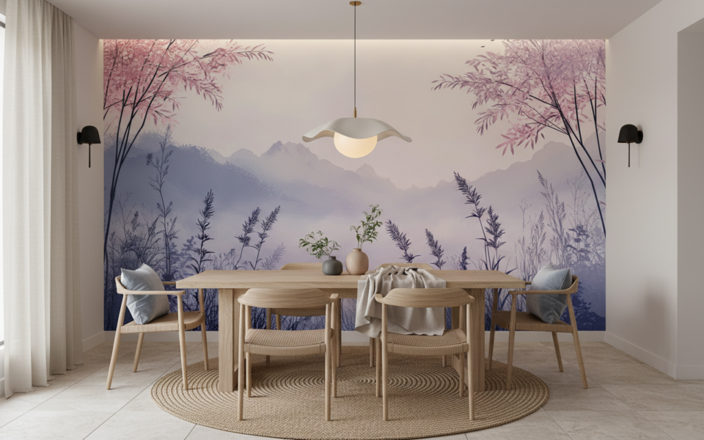 Papier Peint Paysage Montagneux Rose et Bleu Bambous Asiatiques - Salle à manger