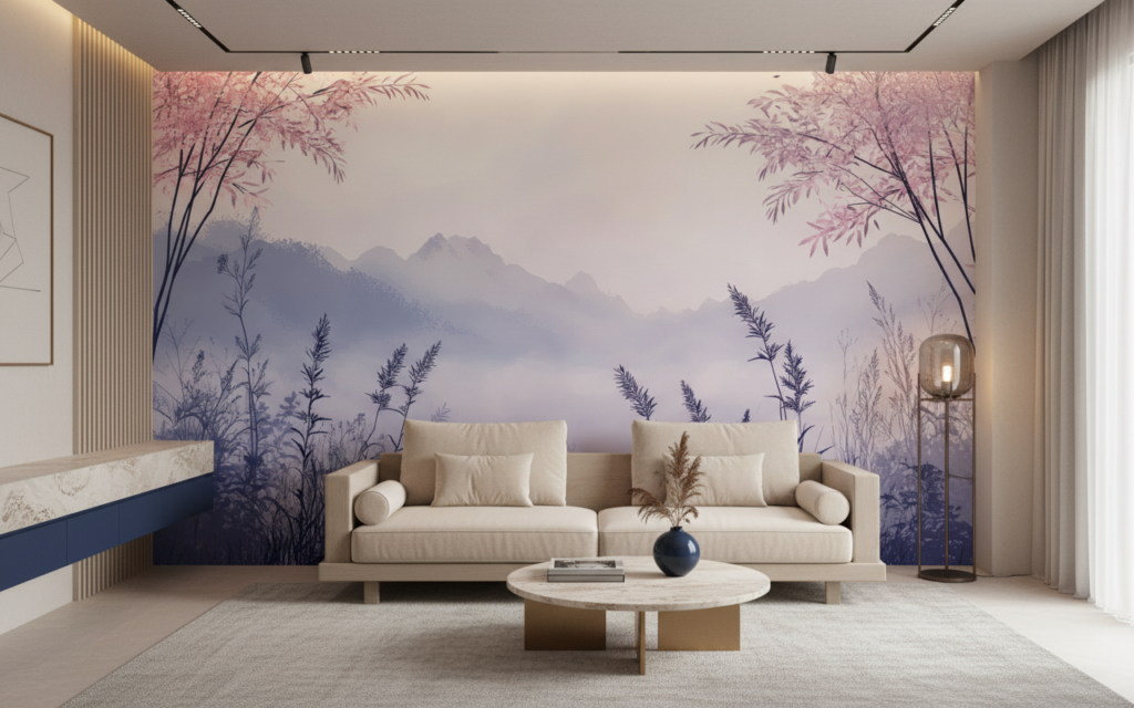 Papier Peint Paysage Montagneux Rose et Bleu Bambous Asiatiques - Salon / Séjour