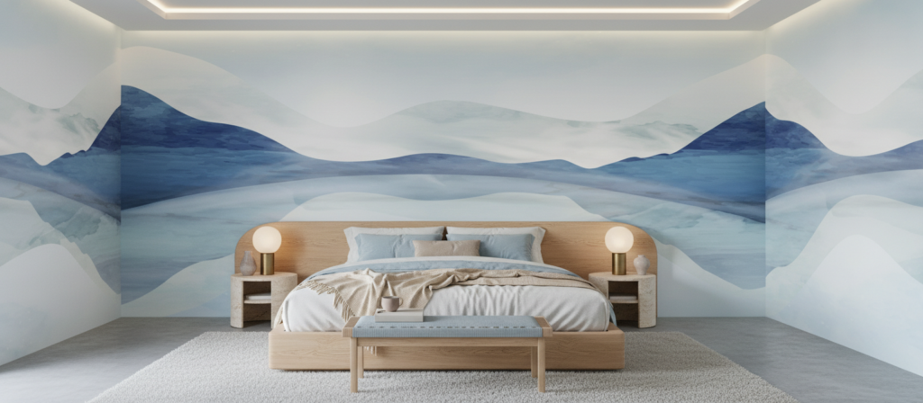 Papier Peint Paysage Montagneux Tons Bleus et Blancs Nuancés - Chambre adulte