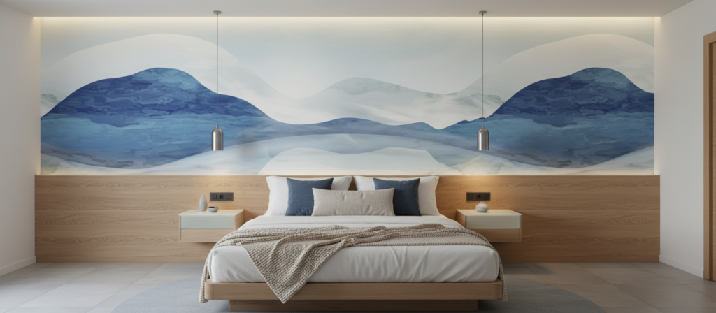 Papier Peint Paysage Montagneux Tons Bleus et Blancs Nuancés - Hôtel