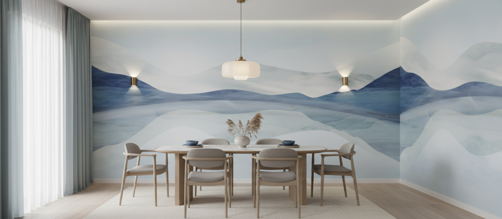 Papier Peint Paysage Montagneux Tons Bleus et Blancs Nuancés - Salle à manger