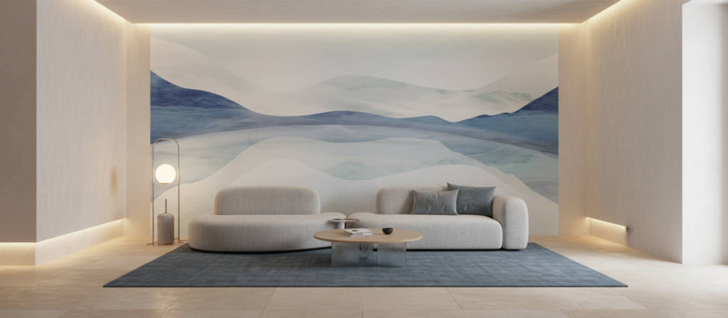 Papier Peint Paysage Montagneux Tons Bleus et Blancs Nuancés - Salon / Séjour