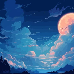 Paysage nocturne fantastique avec lune orangée et nuages mystiques