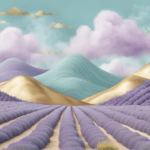 Papier peint paysage pastoral lavande collines dorées nuages violets