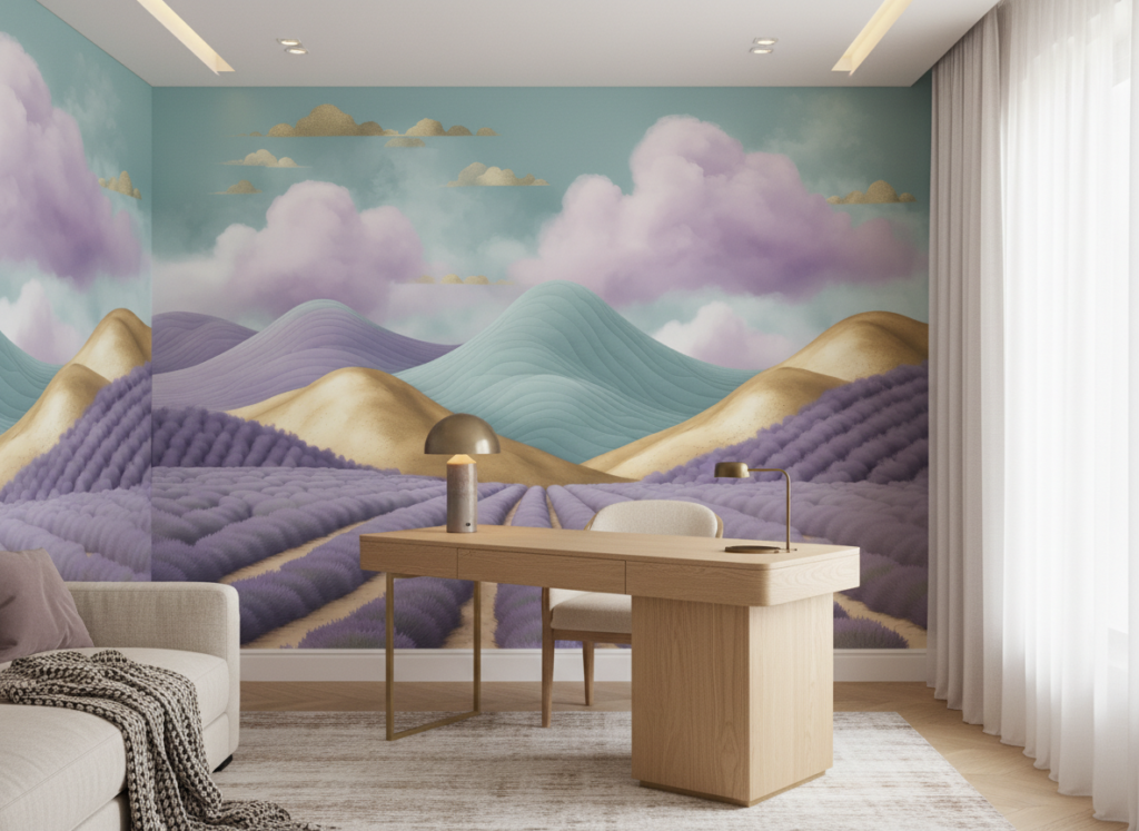 Papier peint paysage pastoral lavande collines dorées nuages violets - Bureau