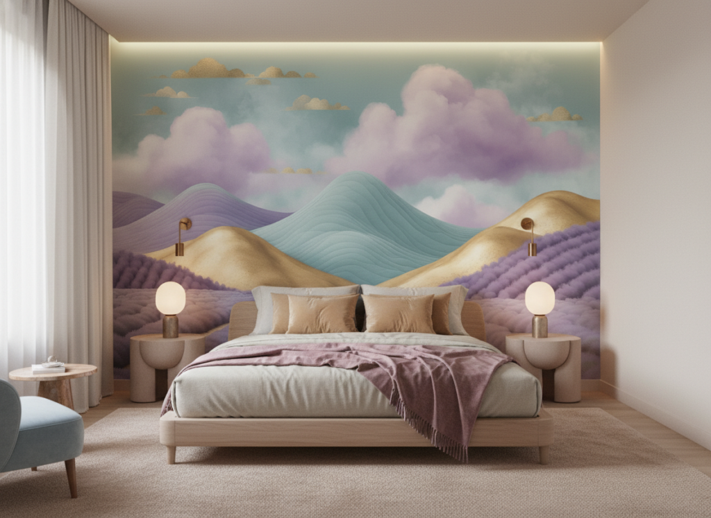 Papier peint paysage pastoral lavande collines dorées nuages violets - Chambre adulte