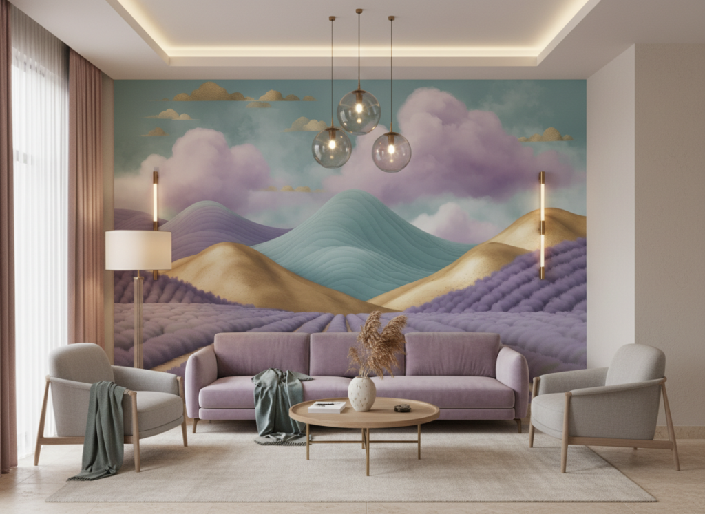 Papier peint paysage pastoral lavande collines dorées nuages violets - Hôtel