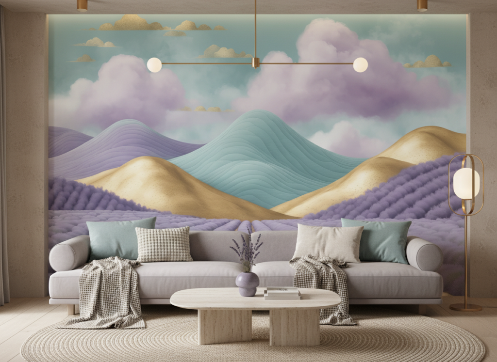Papier peint paysage pastoral lavande collines dorées nuages violets - Salon / Séjour