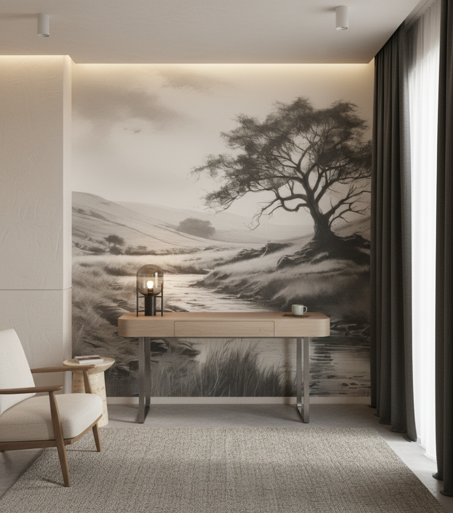 Papier peint paysage pastoral noir et blanc avec arbre majestueux - Bureau