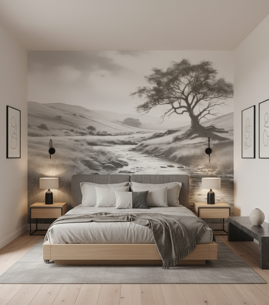 Papier peint paysage pastoral noir et blanc avec arbre majestueux - Chambre adulte