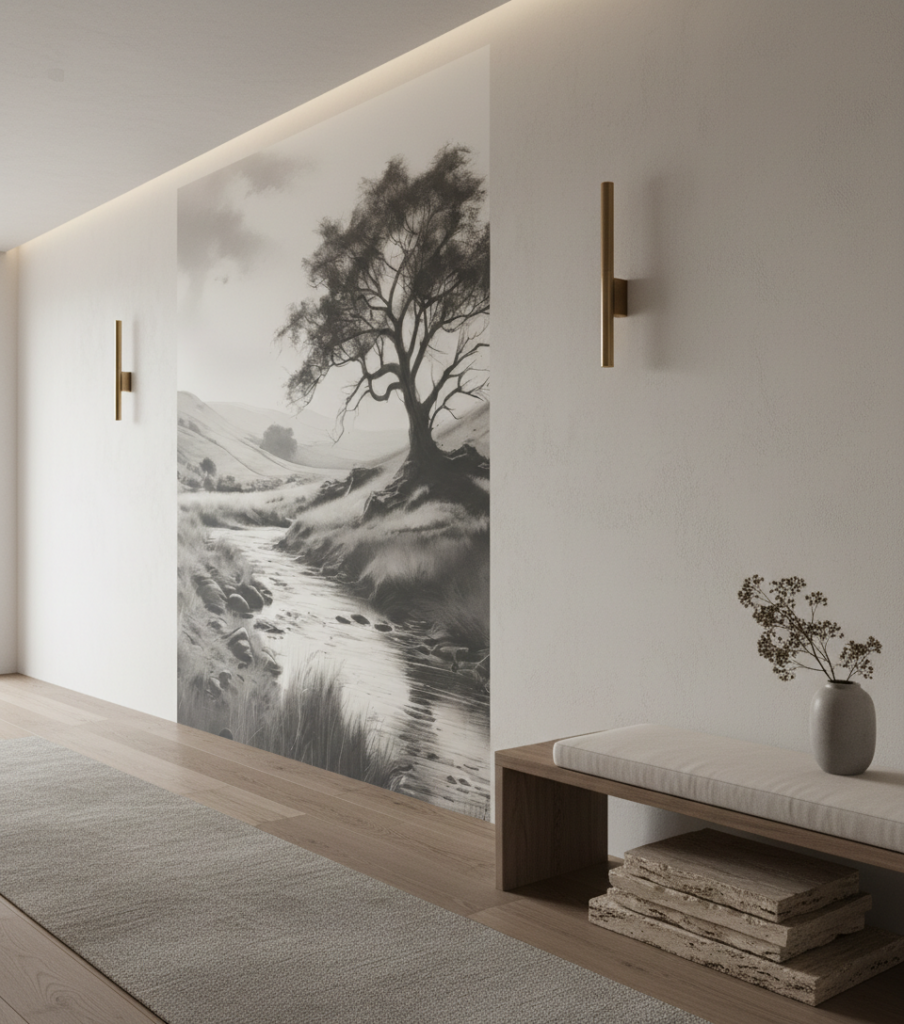 Papier peint paysage pastoral noir et blanc avec arbre majestueux - Couloir