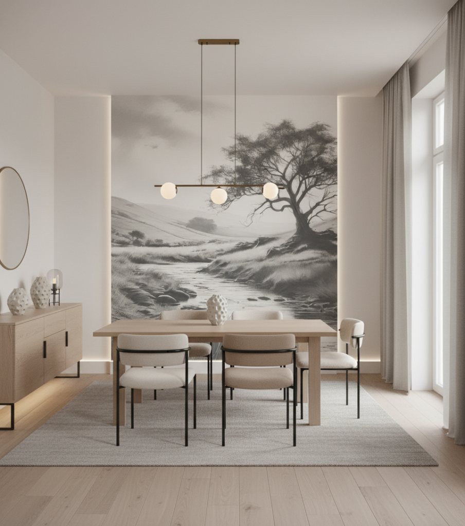 Papier peint paysage pastoral noir et blanc avec arbre majestueux - Salle à manger
