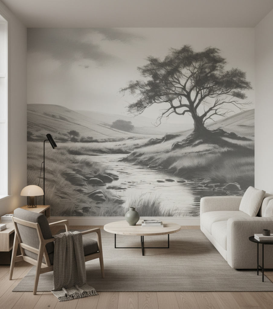 Papier peint paysage pastoral noir et blanc avec arbre majestueux - Salon / Séjour